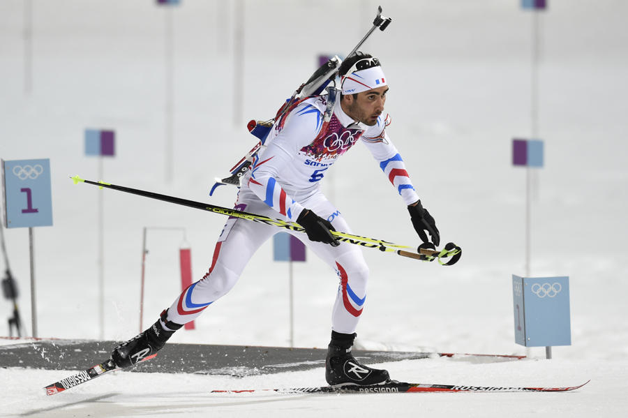 France's Martin Fourcade competes in the Men's Biathlon 12,5 km Pursuit at the Laura Cross-Country Ski and Biathlon Center during the Sochi Winter Olympics on February 10, 2014 in Rosa Khutor near Sochi. AFP PHOTO / ODD ANDERSEN