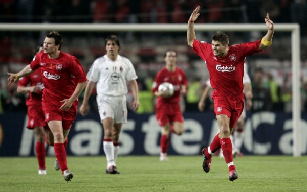 Liverpool's Riise and Gerrard celebrate their first goal during Champions League finals