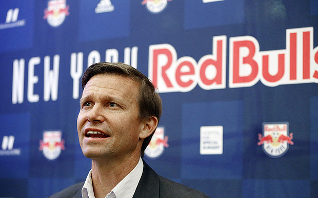 New York Red Bulls head coach Jesse Marsch, of Racine, Wis., talks to reporters during the team's media day in New York, Tuesday, March 3, 2015.  Before joining the Red Bulls, Marsch was the head coach of the Montreal Impact during the clubs inaugural season in 2012. He led the Impact to 12 wins in the clubs first season, the most wins by an expansion club since 1998.  Marsch also coached the U.S. Mens National Team, serving as Bob Bradleys assistant for the 2010 FIFA World Cup and the 2011 Gold Cup. (AP Photo/Kathy Willens)